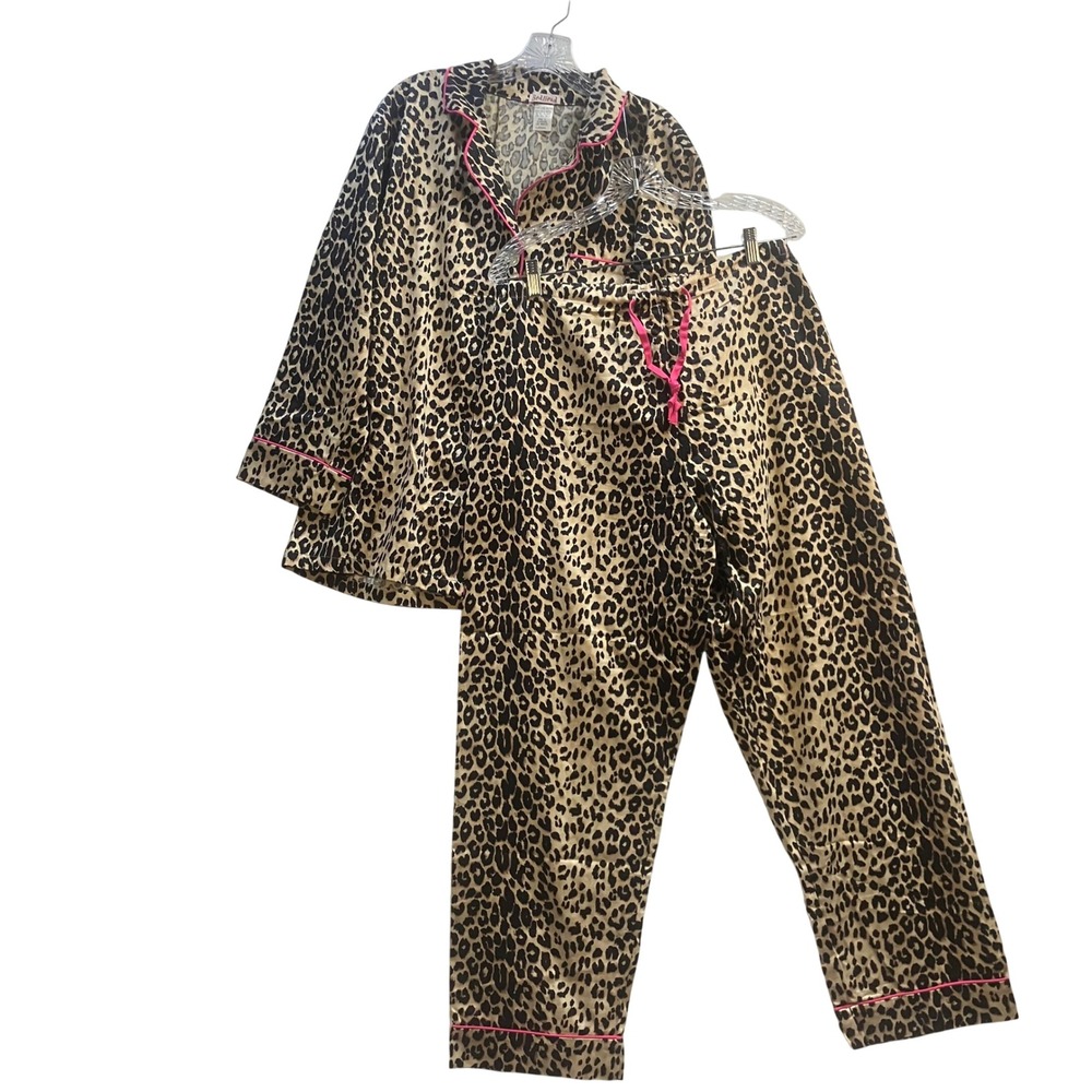 BedHead PJs Womens Large Leopard Print Cotton Pajama Set Pink Piping Made in LA